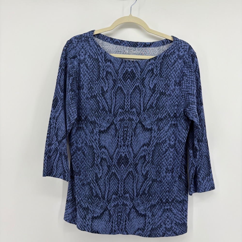 Chicos Tunic Top Blue Snakeskin Print Women Size M 3/4 Sleeve Cotton Boat‎ Neck